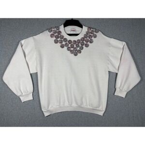 Sunbelt Sportswear Vintage White Yo-Yo Floral Applique Sweatshirt Womens Large‎